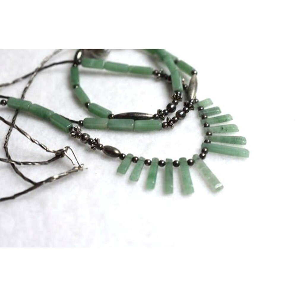 Charming Double Strand Faux Jade Silver Tone Long Beaded 24" Necklace